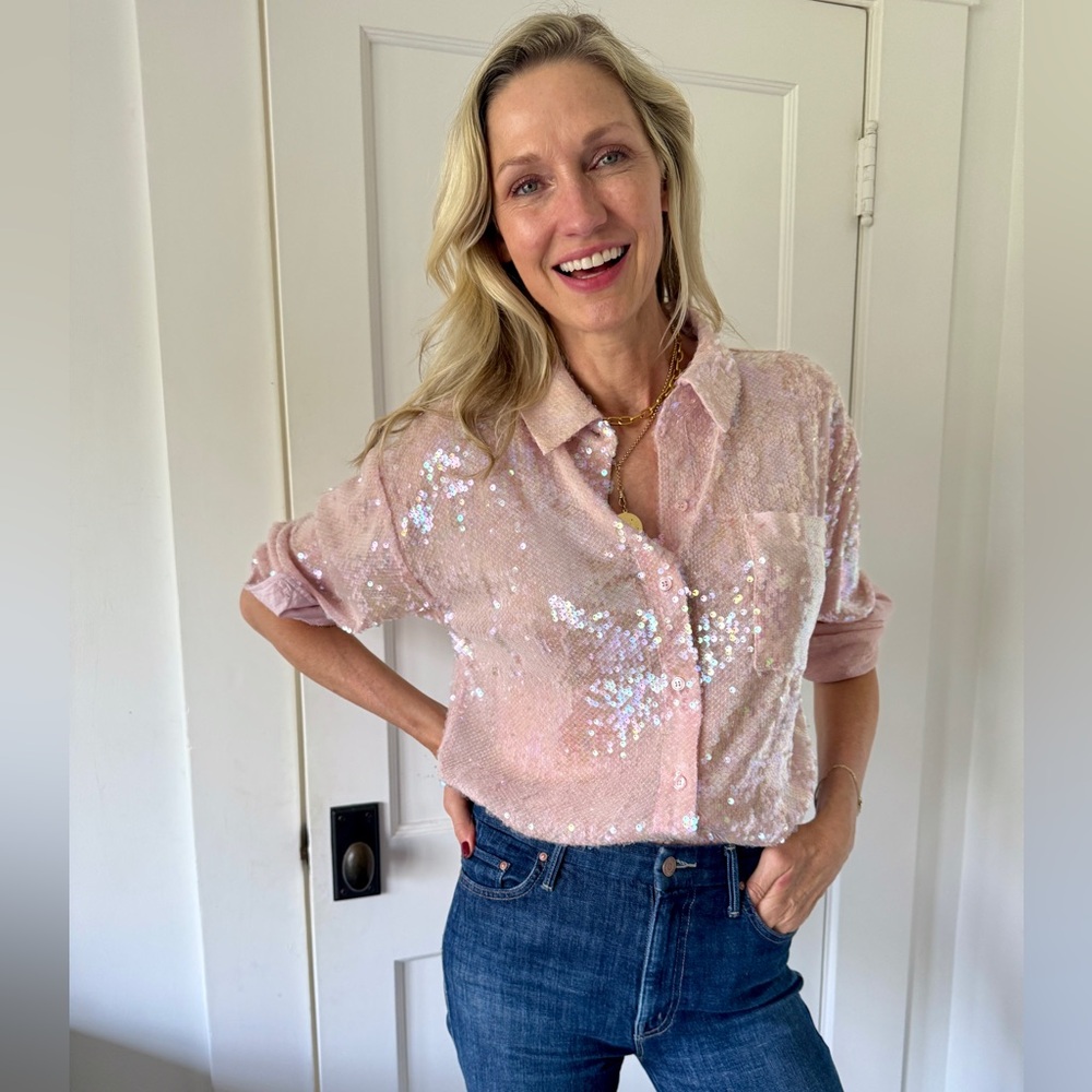 Wayf Pink Sequin Button Down Shirt